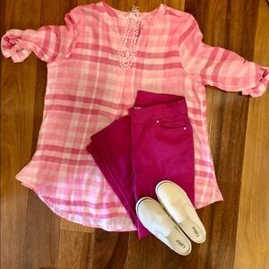 NWT intros pink and white long blouse 3/4 button sleeves